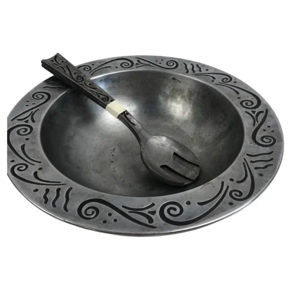 Lenox Vibe Metal Salad Bowl Set Black Swirl Aluminum Serveware w Servers Modern