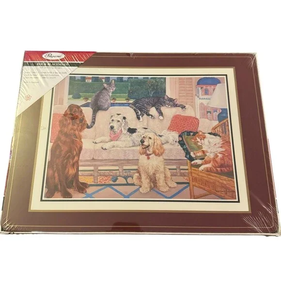 VTG Pimpernel Placemats Dogs Cats 4 Cork-Backed Colorful‎ Holiday ENGLAND NWT