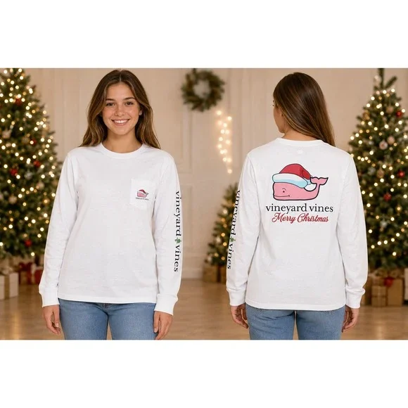 Vineyard Vines Kids XL 18 White Long Sleeve Merry Christmas Santa Whale T-Shirt
