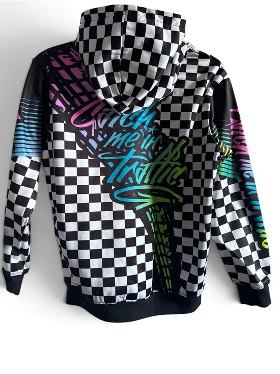 Checkerboard Hooded Sweatshirt with Neon Script CMIT Bike Catch Me in Traffic