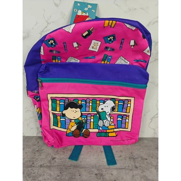 Vintage 1999 Snoopy Peanuts Kids Backpack NWT Snoopy & Lucy Library Scene School