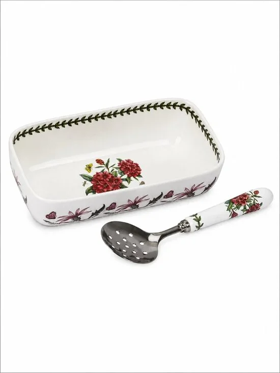 PORTMEIRION BOTANIC GARDEN CRANBERRY DISH & SLOTTED SPOON – 2-PIECE SET!