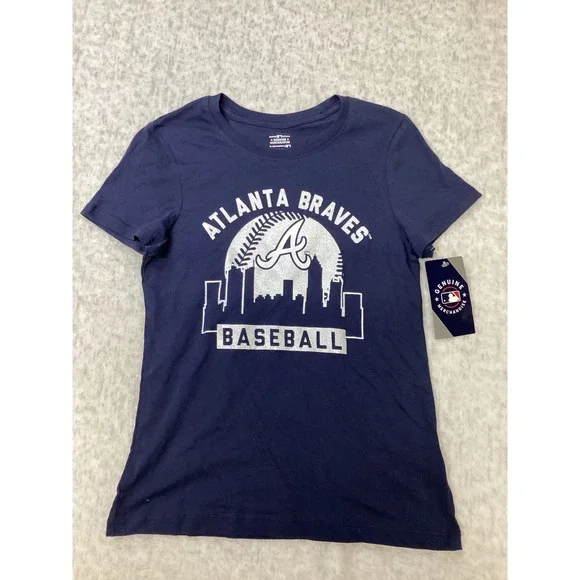 Atlanta Braves Girls Navy Blue Glitter Skyline Baseball T-Shirt Size L 10/12 NEW