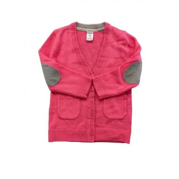 Carter's Cardigan Sweater Girls 2T Pink Knit Elbow Patch Pockets Button Front