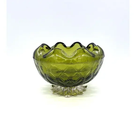 Indiana Glass Olive Green Quilted Diamond Rose Bowl Crimped Rim Metal Leaf Base