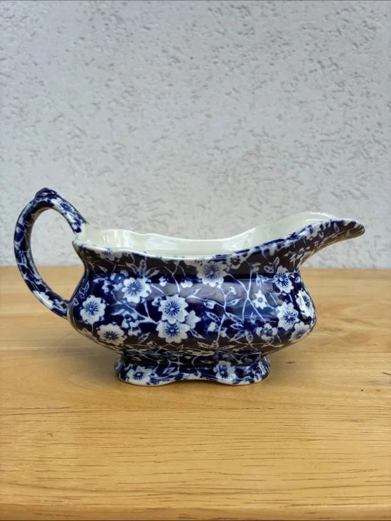 Royal Crownford Staffordshire Calico cobalt blue floral gravy boat