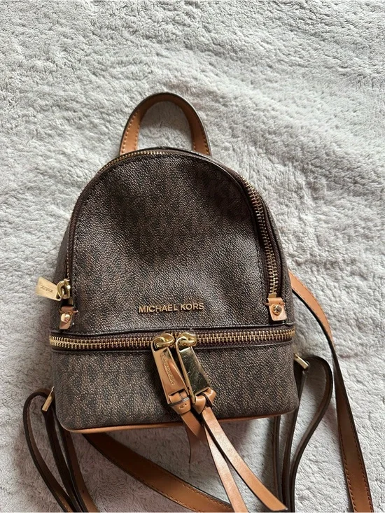 MICHAEL KORS Brown Logo-Print Mini Backpack with Gold Hardware