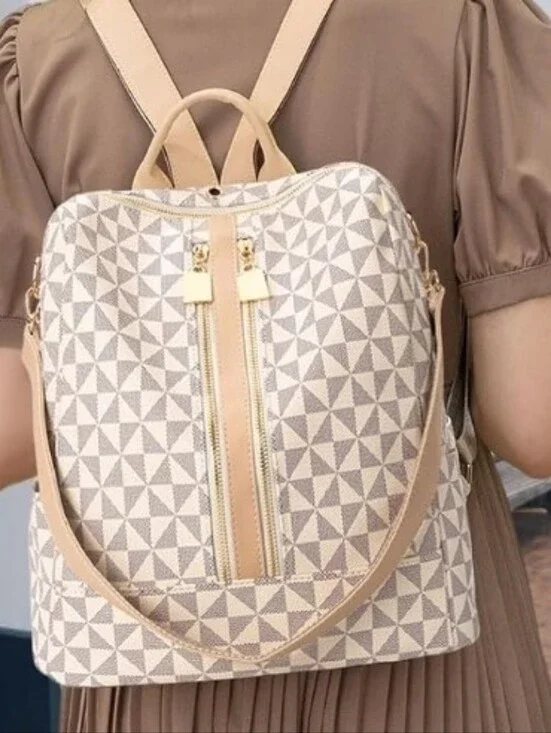 Beige Geometric Leather-like Backpack Tote - Stylish Everyday Women's Bag