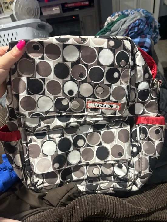 Ju-Ju-Be Women's Gray Circle Print diaper bag Backpack with Red Accents