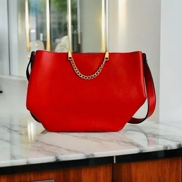 Red Vegan Leather Tote Handbag Womens Shoulder Bag Lightweight Midi Satchel NWOT