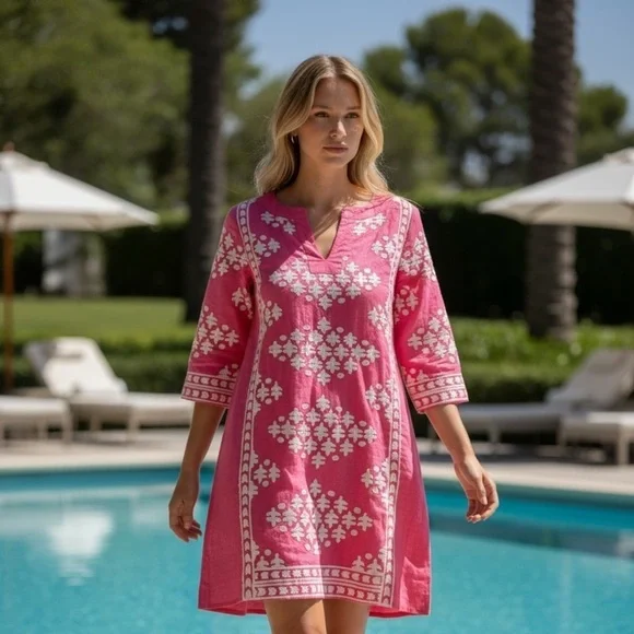 J.Crew coral pink/peach and beige, batik print, tunic style shift dress 2