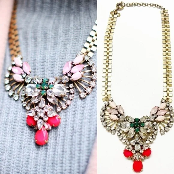J Crew Womens Gold Plated Brass Multicolored Crystal Fan Statement Necklace