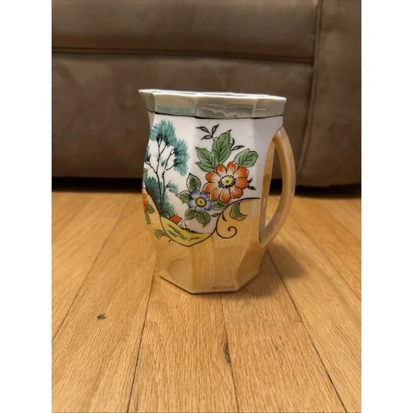 Vintage Made in Japan Lusterware Pitcher Floral Landscape Octagonal Porcelain