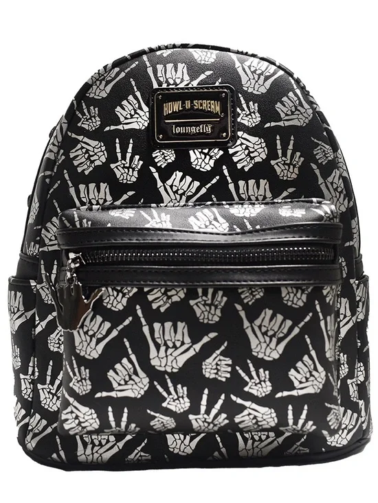 Loungefly Black & White Howl-O-Scream Skeleton Hand Mini Backpack
