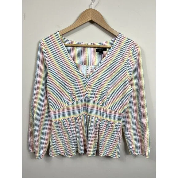 J. Crew Pastel Multicolor Striped V-Neck Peplum Top