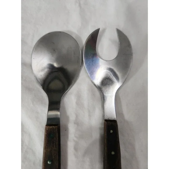 Vintage Mid Century Modern‎ Stainless Steel Wood Handle Salad Serving Set Japan