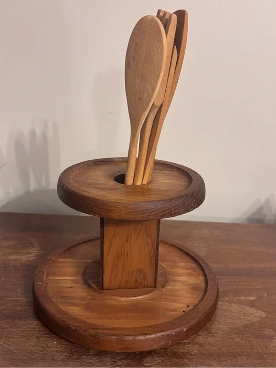 Vintage Wooden Lazy Susan Kitchen Utensil Holder with Spoon Set - Brown
