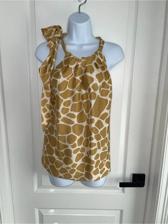 J.Crew 100% Silk Giraffe Print Tie Shoulder Tank Top Size 8 Mustard Beige