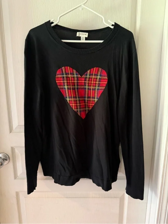 J. Crew Woman’s Black Long-Sleeve Sweater with Red Plaid Heart