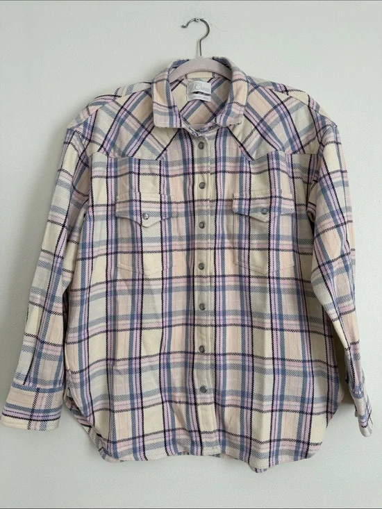 J. Crew Cream Plaid Button-Up Shirt Jacket with Pink and Blue Checks