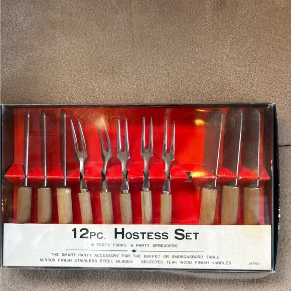 12-Piece Hostess Serving Set - Teak Wood Handles, Stainless Steel