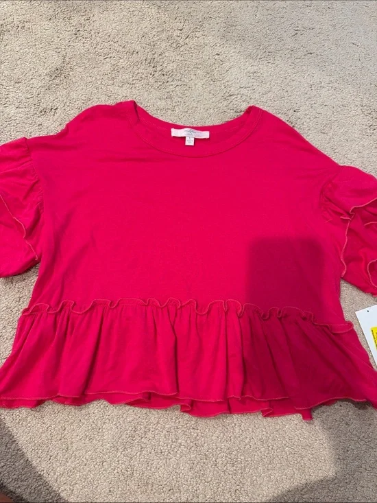 Moa moa girls Ruffle-Hem hot pink Short Sleeve Top sz youth large nwt