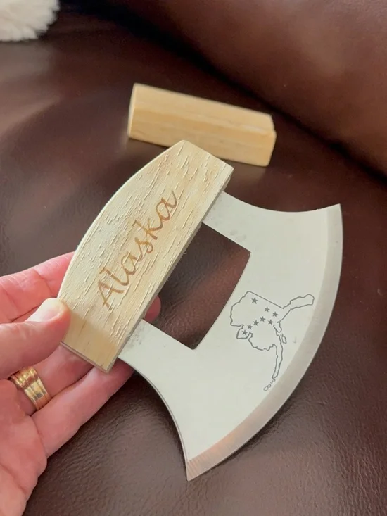 Alaskan Ulu Knife Alaska Map Etched Blade Wood Handle & Stand