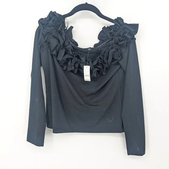 J Crew Off Shoulder Top Womens Medium Black‎ Ruffle Long Sleeve Blouse Party NYE