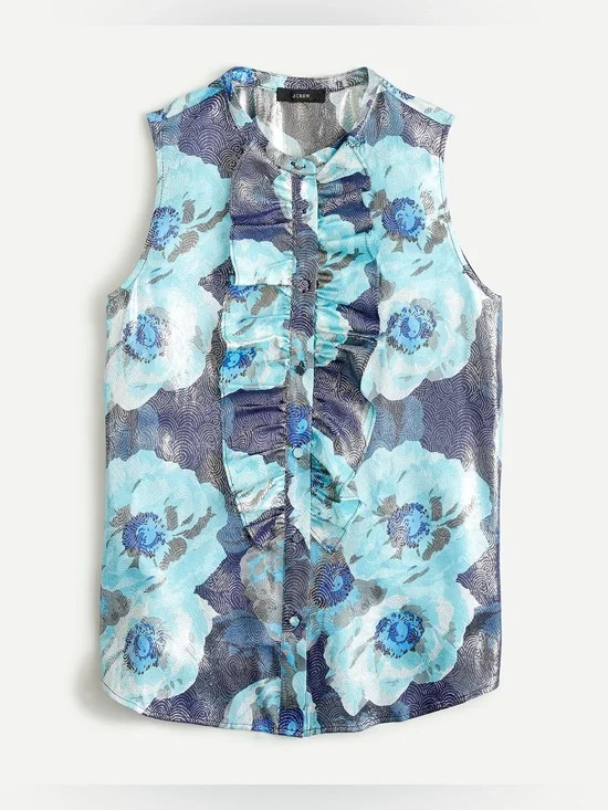 J. Crew Blue Floral Ruffle Front Tank Top NWT XS