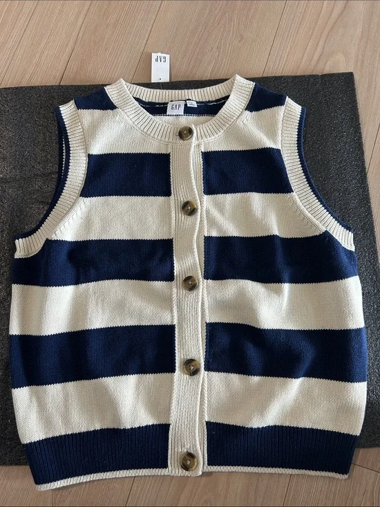 GAP Navy and Cream Striped Button Front Knit Vest