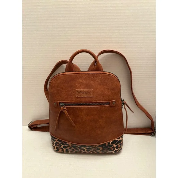 Wrangler Cognac Brown Faux Leather Leopard Print Mini Backpack Western Bag