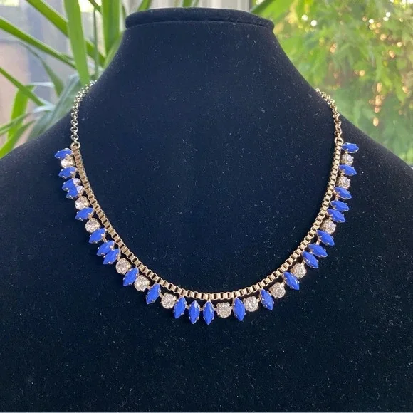 J. Crew Gold Tone Blue and Clear Rhinestone Necklace