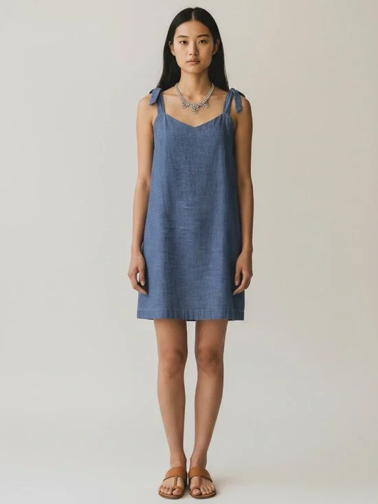J. Crew Shoulder Tie Denim Blue Chambray Dress Large