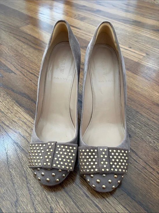 J. Crew Taupe Suede Studded Round Toe High Heel Pumps