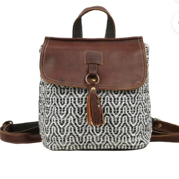 Myra Bag /Leffis Boho Rug/Leather Canvas  Tassel Backpack NWOT