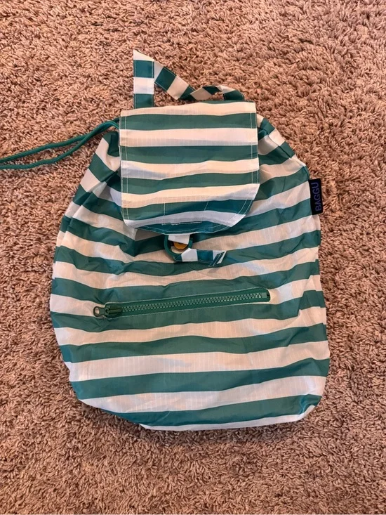 BAGGU Teal & White Striped Drawstring Backpack
