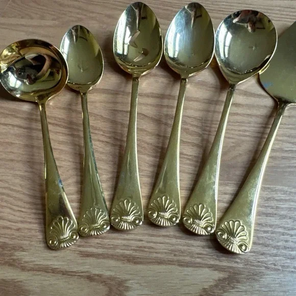 6pc Azuma Japan 24K Gold EP Hostess Set Pierced Vegetable Spoon Pie Server Ladle
