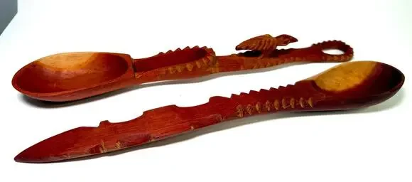 Vintage Hand-Carved Wooden Serving Spoons – Rustic Bird Detail (Set of 2)