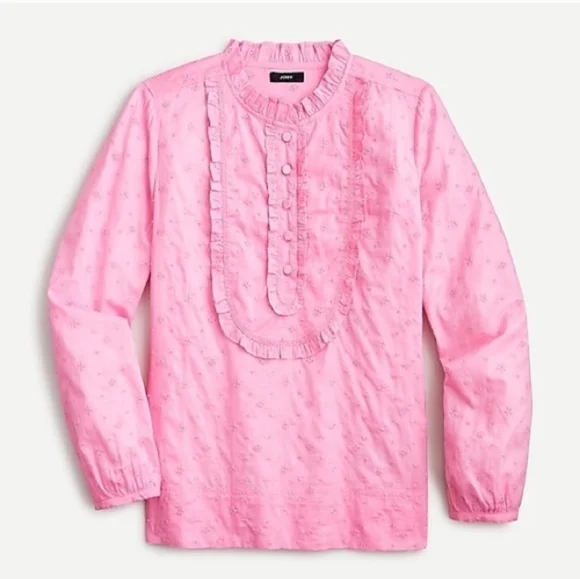 J. Crew Long-Sleeve Ruffle In Floral Eyelet Cotton Pink Shirt NWT