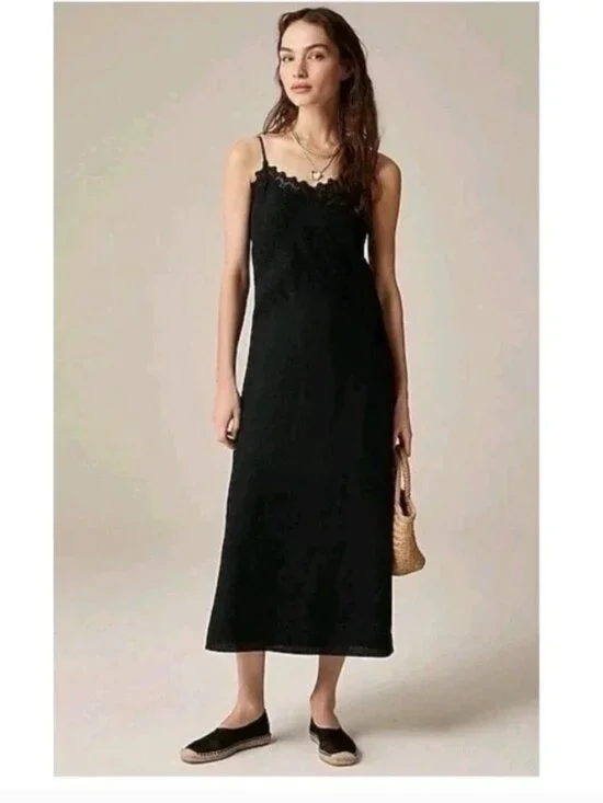 J. Crew Black Lace Trim Slip Dress Linen Midi Length 4