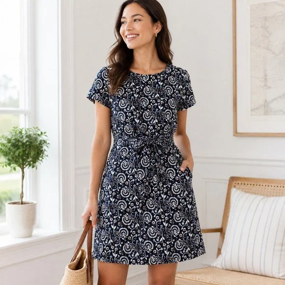 J.Crew Re-Imagined Navy Blue Floral Paisley Tie‎ Waist Shift Dress Size 2