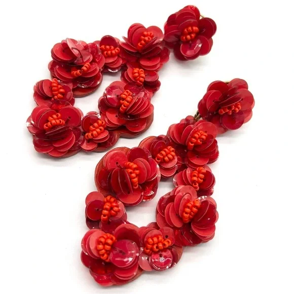 J. Crew Red Sequin and Beaded Leather Back Earrings