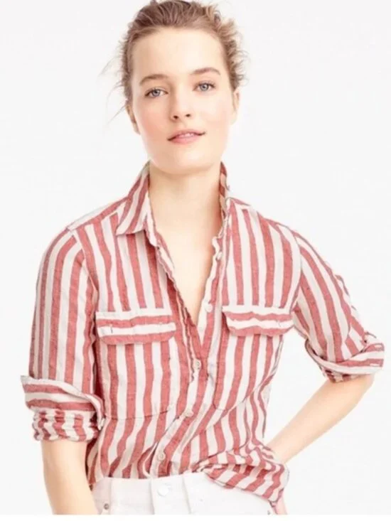 J. Crew Button Up Linen Shirt in Red Stripe, Size 2
