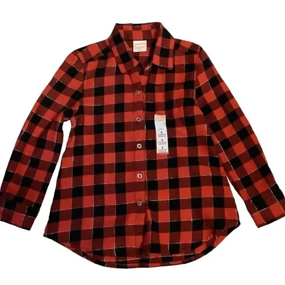 Jumping Beans Girls Holiday Shirt long sleeves & buttons Red/Black Plaid Sz 4