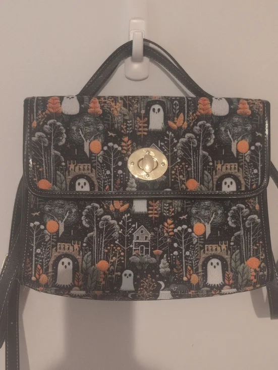 Whimsical Ghost Print Top-Handle Shoulder Bag in Black and Orange