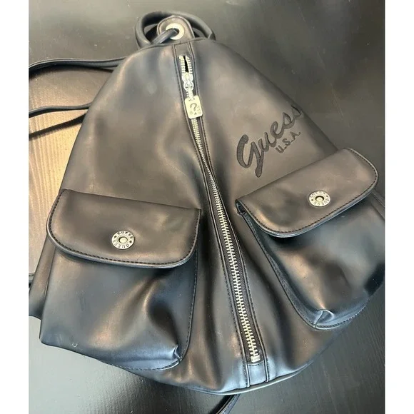 Vtg‎ 90's *Guess USA Black Soft Leather Backpack