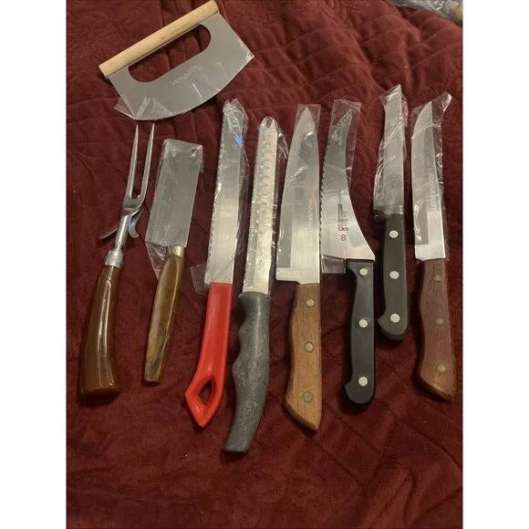 Vintage Kitchen Knife/misc. Lot of 9 Wood & Plastic Handles , Fork, Chop, Slice