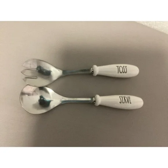 Rae Dunn Salad Servers Unisex OS White Silver Toss Serve Stainless‎ Ceramic 2pc