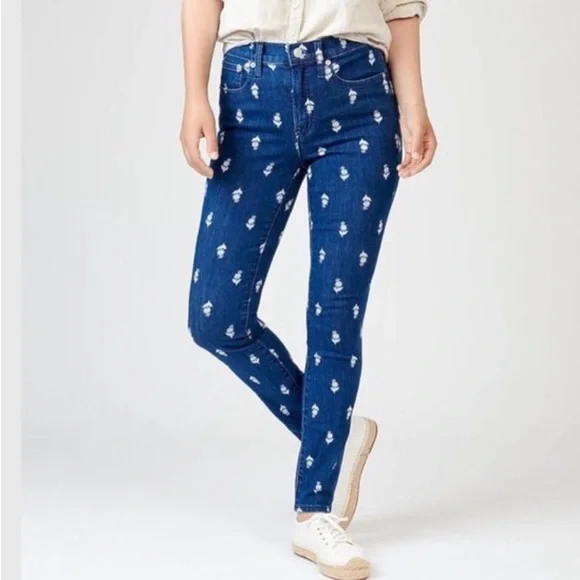 J. Crew mid Rise Dark Wash Floral Print Toothpick Jeans