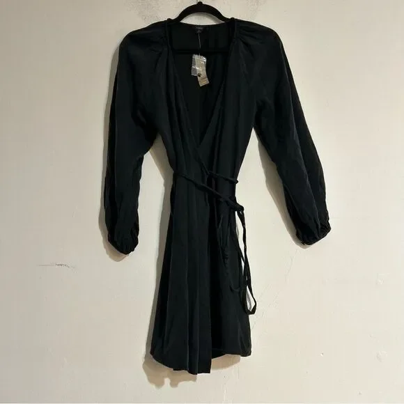 J. Crew Drapey Wrap Puff Sleeve Mini Sheath Dress Black XS Minimalist Capsule
